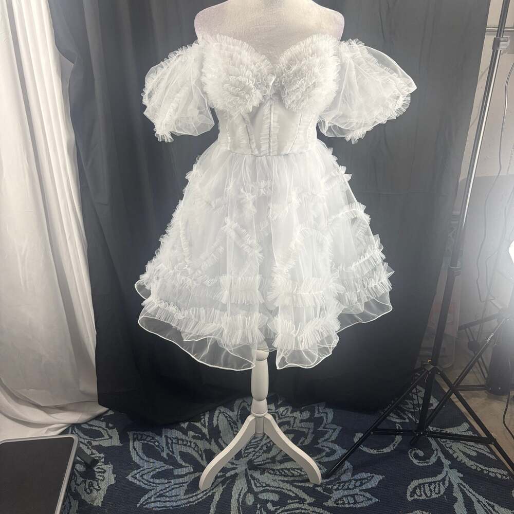 White Off the Shoulder Tulle Ruffle Tiered Mini Cake Dress